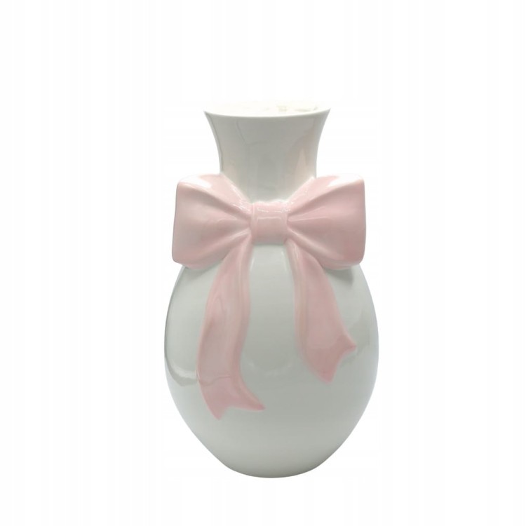 Wazon Ceramiczny Biały z Różową Kokardą Duży Elegancki Wazon Dekoracyjny