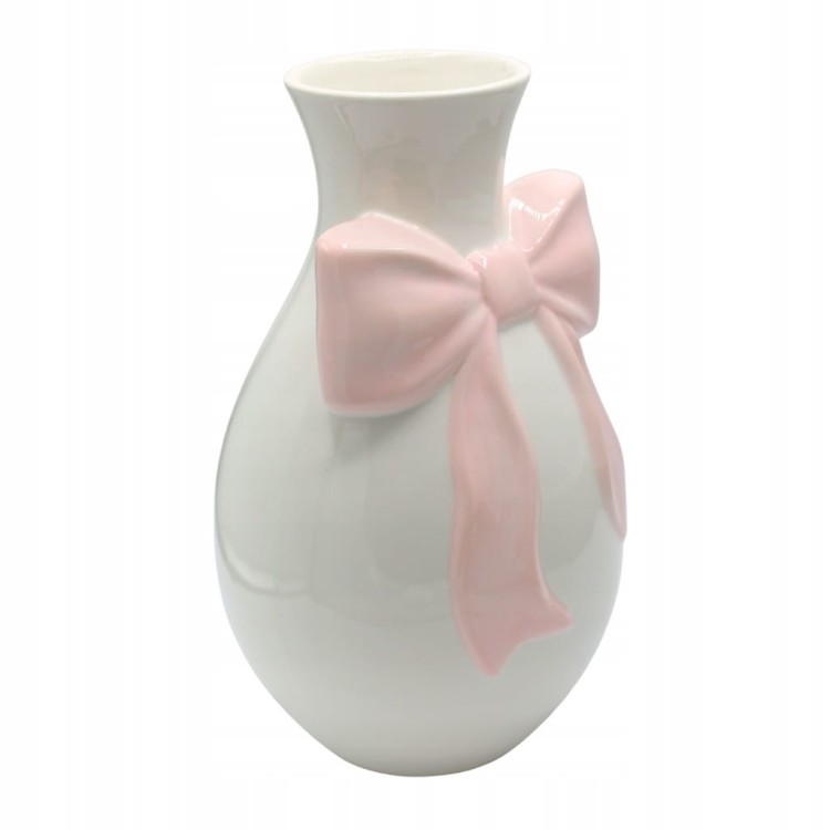Wazon Ceramiczny Biały z Różową Kokardą Duży Elegancki Wazon Dekoracyjny