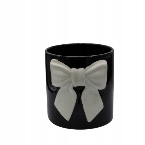 Osłonka Doniczka Ceramiczna Czarna z Białą Kokardą Duża Elegancka 18 cm