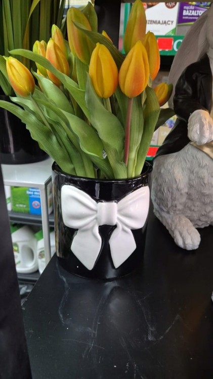 Osłonka Doniczka Ceramiczna Czarna z Białą Kokardą Duża Elegancka 18 cm