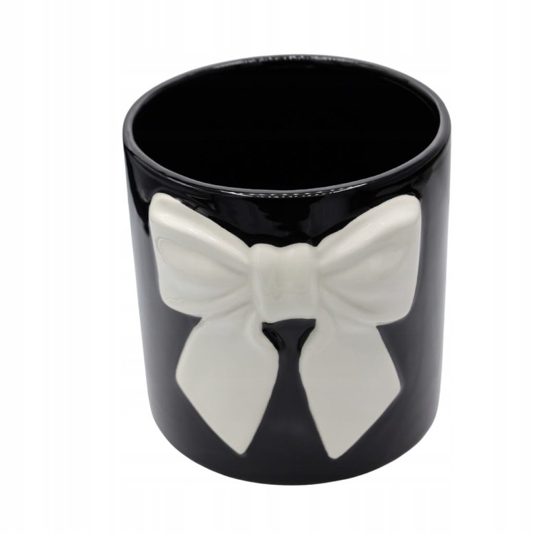 Osłonka Doniczka Ceramiczna Czarna z Białą Kokardą Duża Elegancka 18 cm