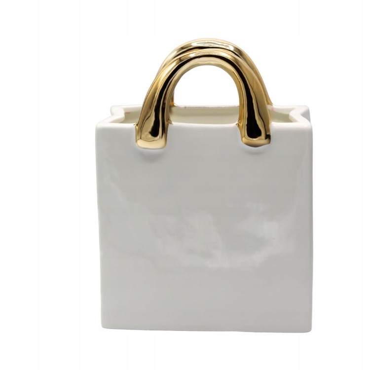 Wazon Ceramiczny Torebka Biała ze Złotymi Rączkami Mała 20,6 cm Elegancki