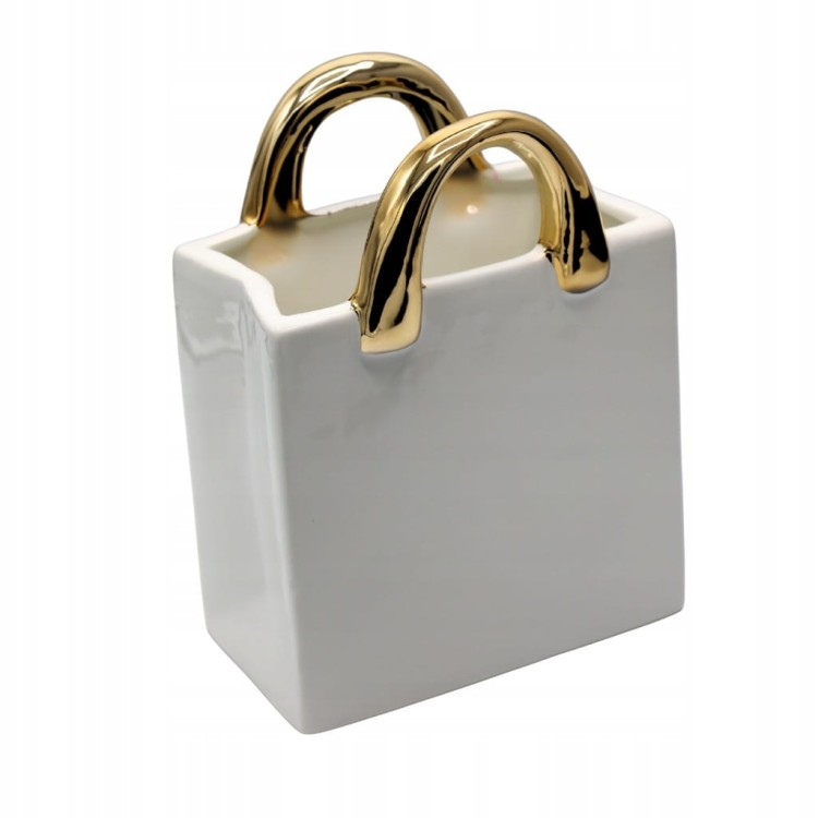 Wazon Ceramiczny Torebka Biała ze Złotymi Rączkami Mała 20,6 cm Elegancki