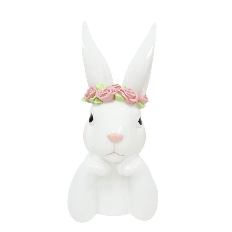 Królik Ceramiczny Biały z Różowym Wiankiem 35,5 cm – Dekoracja Wielkanocna