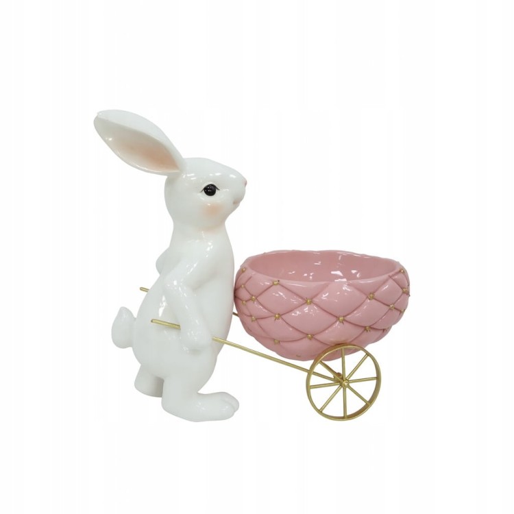 KRÓLICZEK CERAMICZNY BIAŁY Z RÓŻOWYM JAJKIEM NA WÓZKU