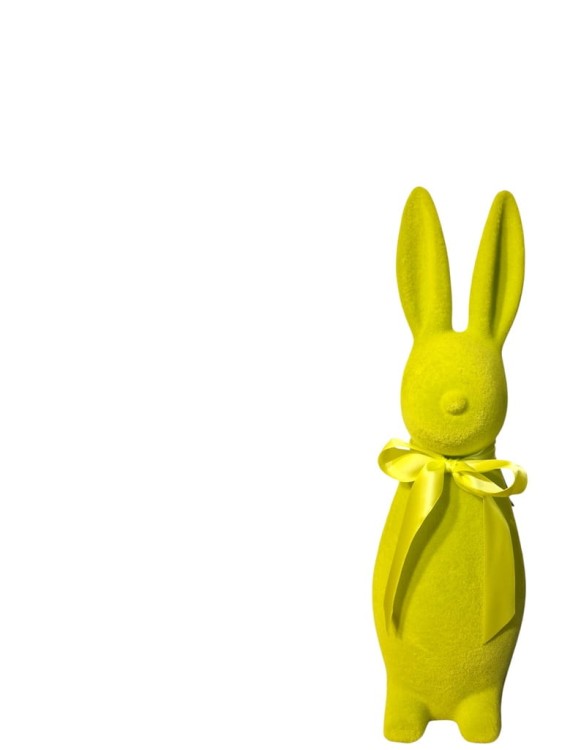 Zając flokowany 40 cm – kolor limonka, dekoracja wielkanocna z kokardą