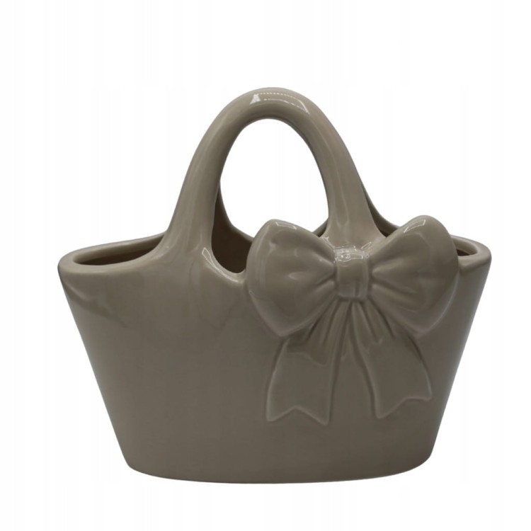Wazon ceramiczny torebka beżowy z kokardą dekoracyjny 19 cm