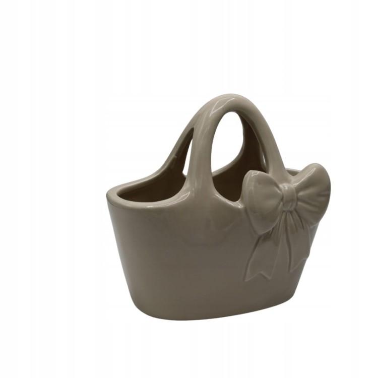 Wazon ceramiczny torebka beżowy z kokardą dekoracyjny 19 cm