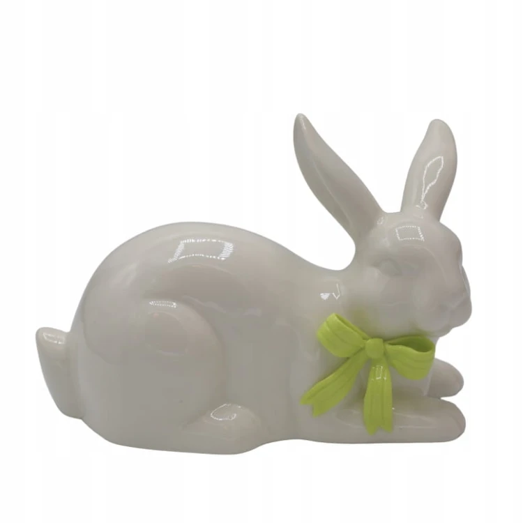 KRÓLICZEK CERAMICZNY LEŻĄCY BIAŁY Z LIMONKOWĄ KOKARDKĄ DUŻY