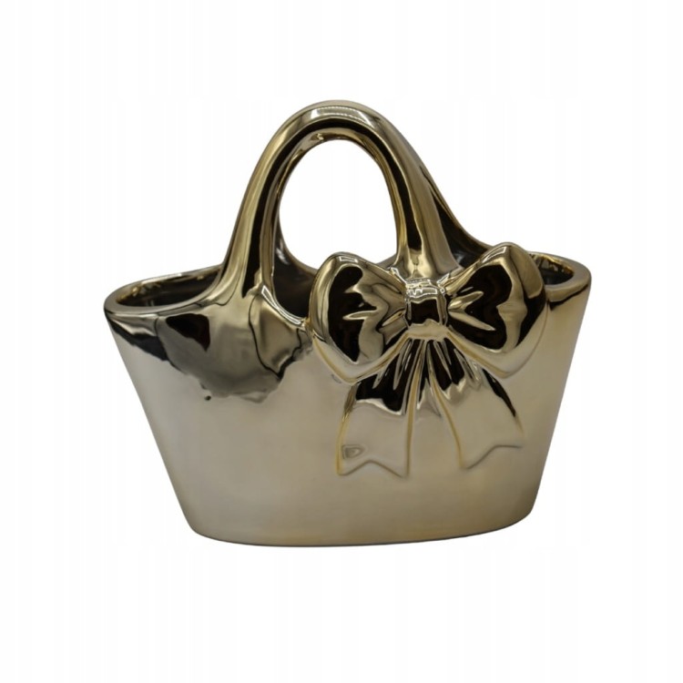 Wazon ceramiczny torebka złota z kokardą dekoracyjny 18,9 cm glamour