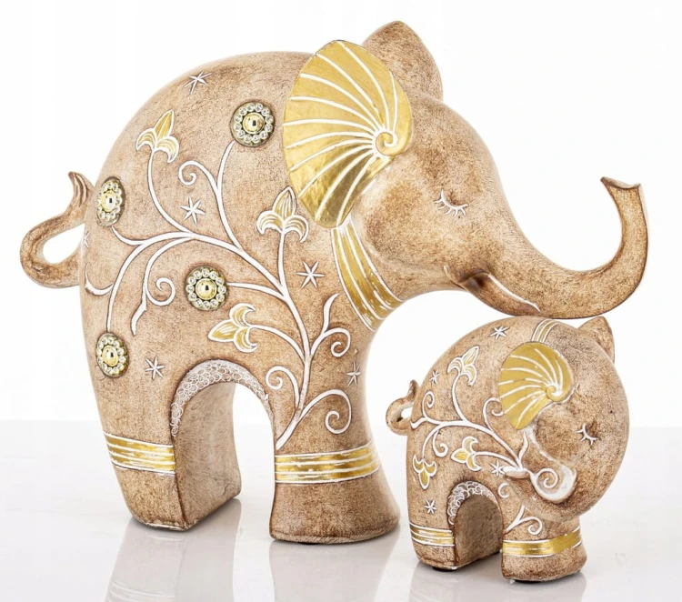 Figurka Słonie 2 szt. 25 cm i 10 cm Brązowo-Złote – Elegancka Dekoracja