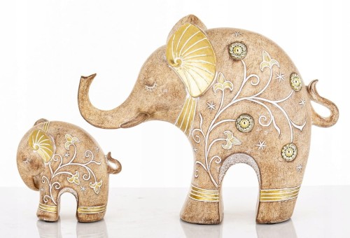 Figurka Słonie 2 szt. 25 cm i 10 cm Brązowo-Złote – Elegancka Dekoracja
