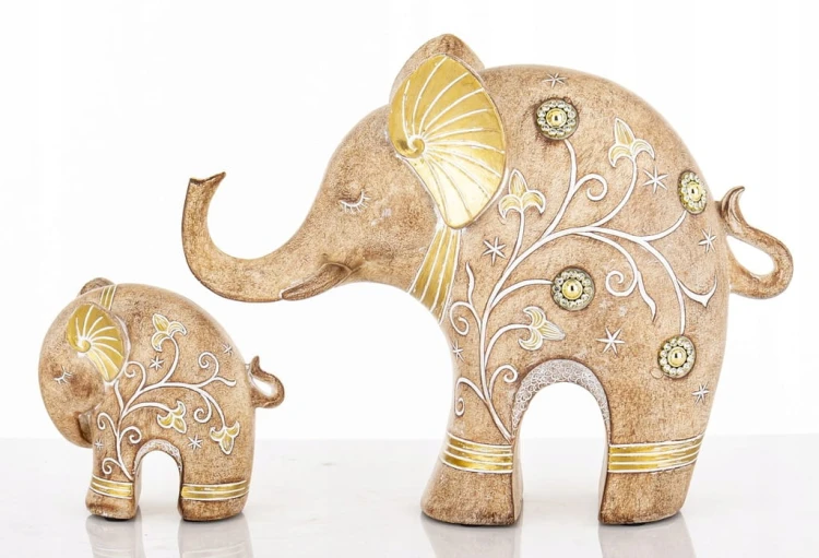 Figurka Słonie 2 szt. 25 cm i 10 cm Brązowo-Złote – Elegancka Dekoracja