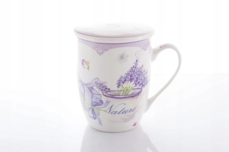 Kubek porcelanowy zaparzacz i sitko Lawenda 350 ml z pokrywką do herbaty