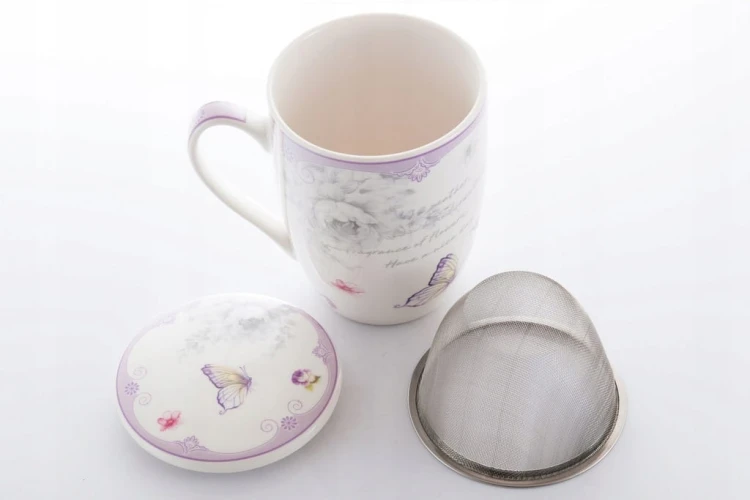 Kubek porcelanowy zaparzacz i sitko Lawenda 350 ml z pokrywką do herbaty