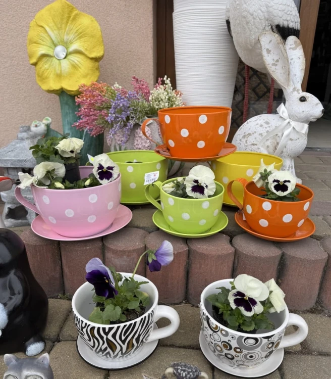 Metalowa Filiżanka Dekoracyjna Zielona w Kropki 25 cm Doniczka Osłonka