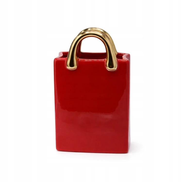 Wazon Ceramiczny Torebka Czerwona Ze Złotymi Rączkami Duża 26 cm Glamour