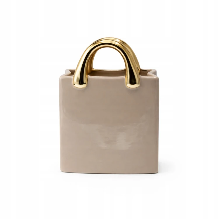 Wazon Ceramiczny Torebka Beżowa Ze Złotymi Rączkami Mała 20 cm Glamour