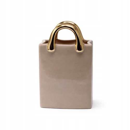 Wazon Ceramiczny Torebka Beżowa Ze Złotymi Rączkami Duża 26 cm Glamour