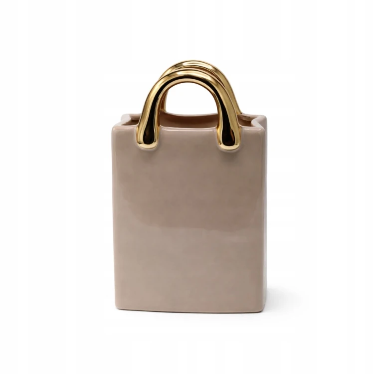 Wazon Ceramiczny Torebka Beżowa Ze Złotymi Rączkami Duża 26 cm Glamour