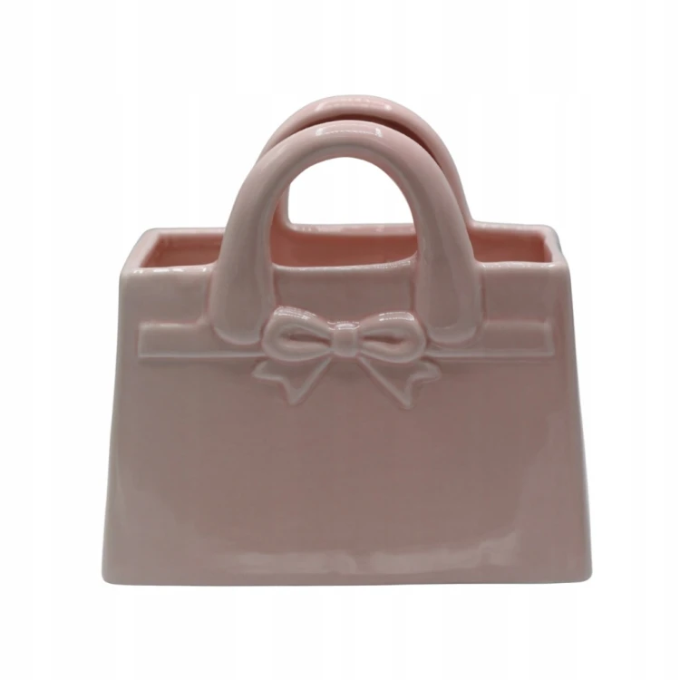 Różowy wazon ceramiczny torebka z kokardą 17 cm