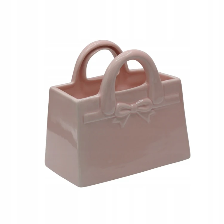 Różowy wazon ceramiczny torebka z kokardą 17 cm