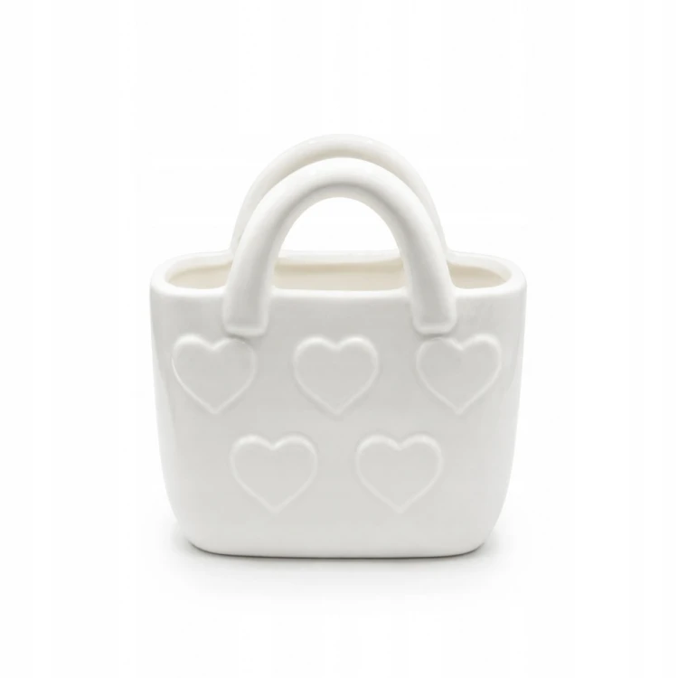 Biały wazon ceramiczny torebka w białe serduszka 18 cm