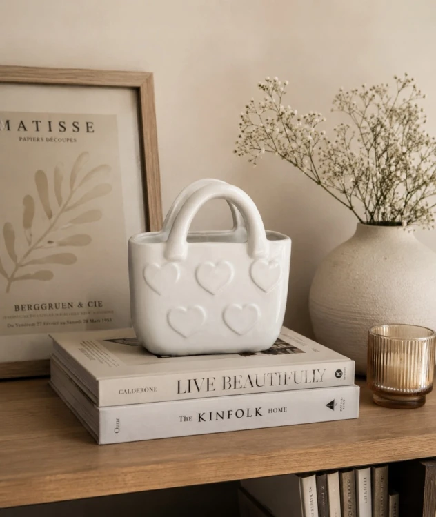 Biały wazon ceramiczny torebka w białe serduszka 18 cm
