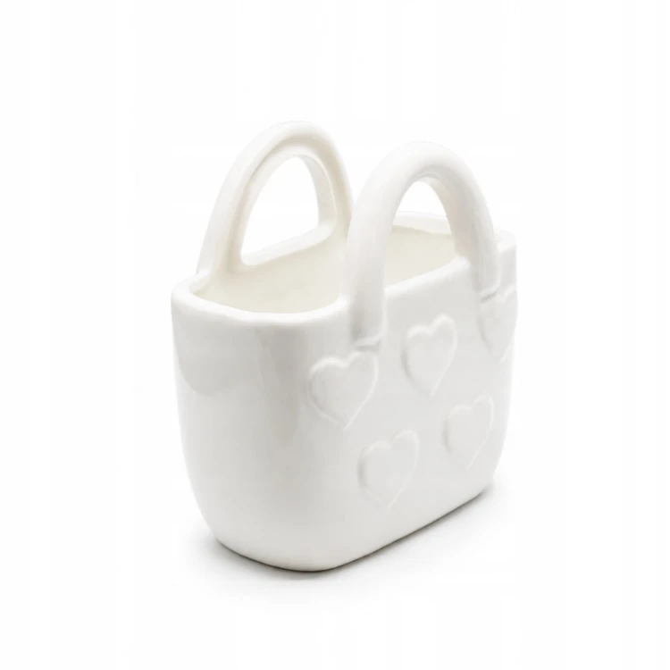 Biały wazon ceramiczny torebka w białe serduszka 18 cm