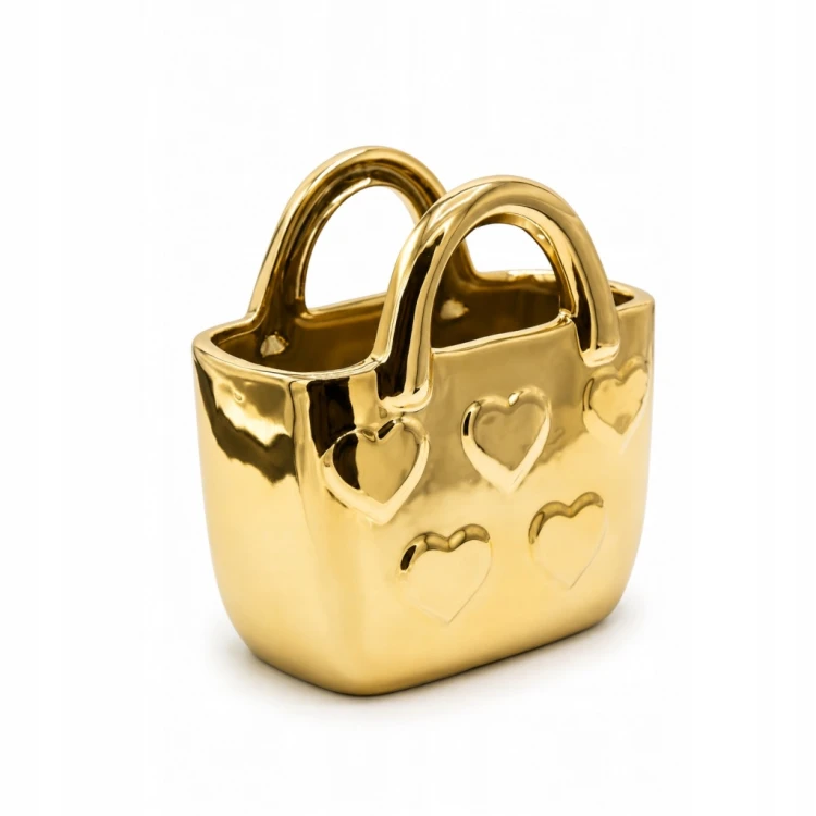 Złoty wazon ceramiczny torebka w złote serduszka 18 cm