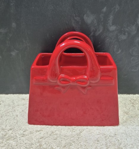 Czerwony wazon ceramiczny torebka z kokardą 17 cm