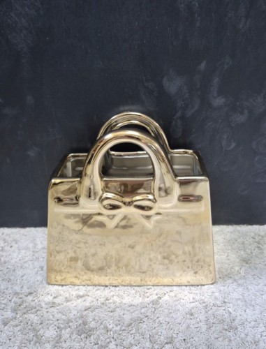 Złoty wazon ceramiczny torebka z kokardą 17 cm