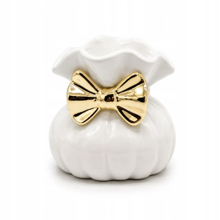Wazon Ceramiczny Biały ze Złotą Kokardą Dekoracyjny 12 cm Glamour