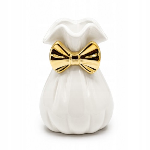 Wazon Ceramiczny Biały ze Złotą Kokardą Dekoracyjny 14 cm Glamour