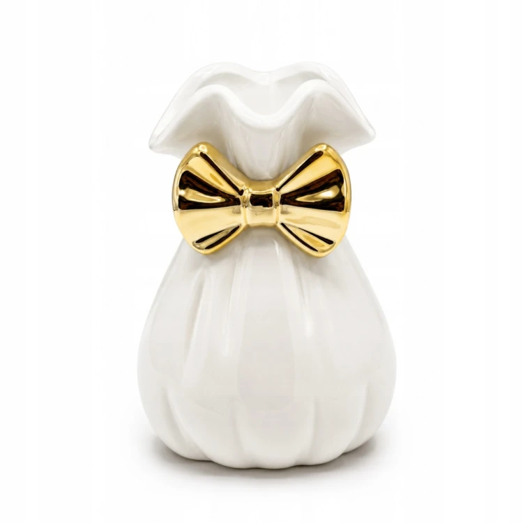 Wazon Ceramiczny Biały ze Złotą Kokardą Dekoracyjny 14 cm Glamour