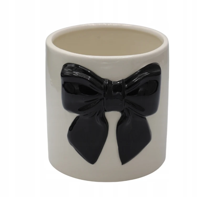 Doniczka Ceramiczna Biała z Czarną Kokardą Osłonka 15 cm Glamour