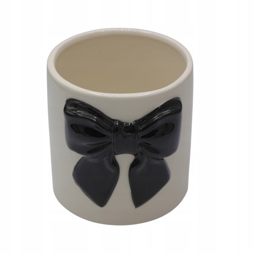 Doniczka Ceramiczna Biała z Czarną Kokardą Osłonka 18 cm Glamour