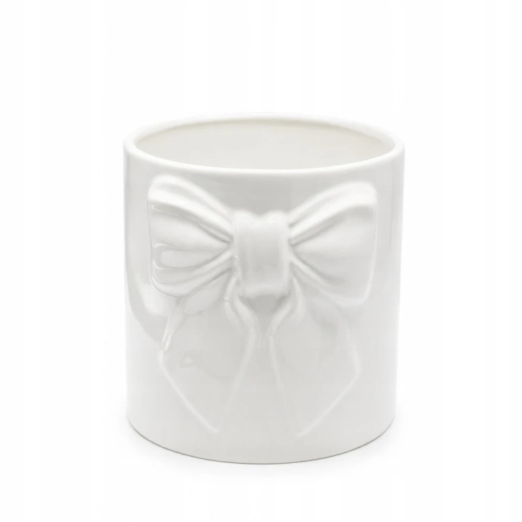 Doniczka Ceramiczna Biała z Białą Kokardą Osłonka 18 cm Glamour