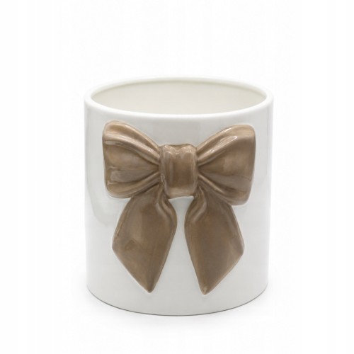 Doniczka Ceramiczna Biało-Beżowa z Kokardą Osłonka 18 cm Glamour
