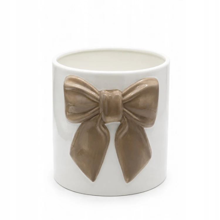Doniczka Ceramiczna Biało-Beżowa z Kokardą Osłonka 18 cm Glamour