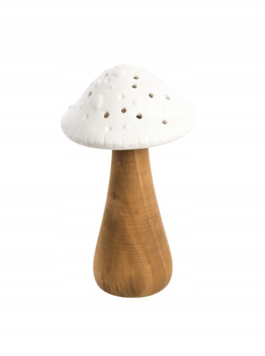 Grzybek Ceramiczny LED z Drewnianą Nóżką Biały Dekoracja 20cm