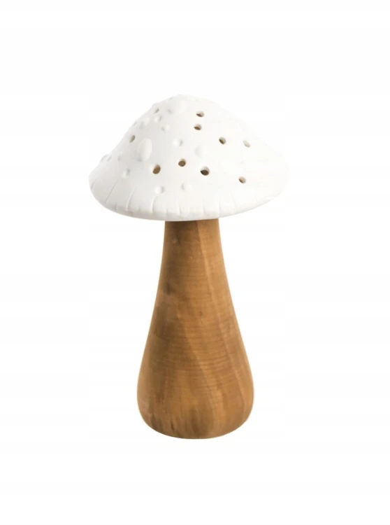 Grzybek Ceramiczny LED z Drewnianą Nóżką Biały Dekoracja 20cm
