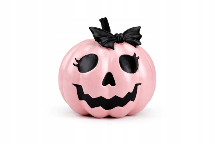 Dynia Ceramiczna Różowa z Czarną Kokardką – Dekoracja Halloween 19,5