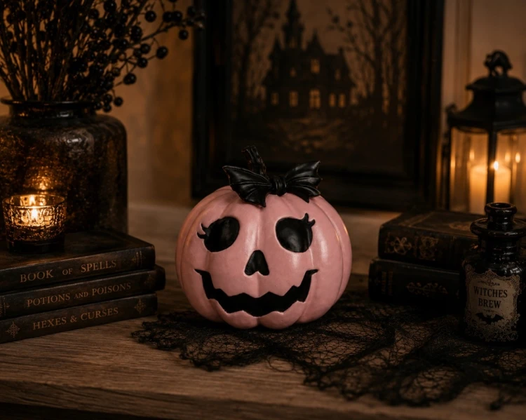 Dynia Ceramiczna Różowa z Czarną Kokardką – Dekoracja Halloween 19,5