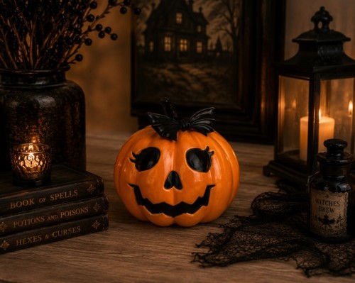 Dynia Ceramiczna Pomarańczowa z Czarną Kokardką – Dekoracja Halloween 19,5