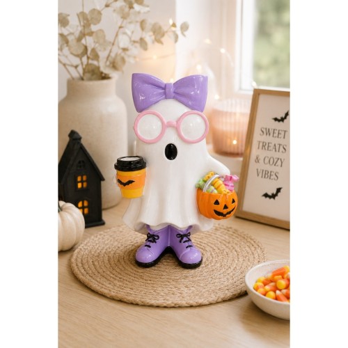 Duszek ceramiczny z kawą i cukierkami – urocza dekoracja na Halloween