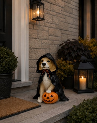Figurka Beagle w pelerynie z dynią – wyjątkowa dekoracja na Halloween