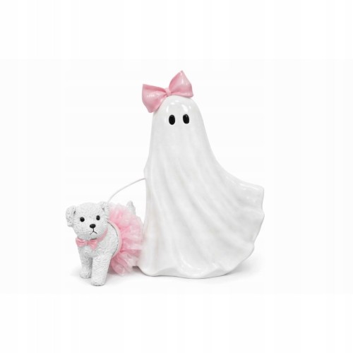 Duszek ceramiczny z pieskiem i różową kokardką – dekoracja na Halloween