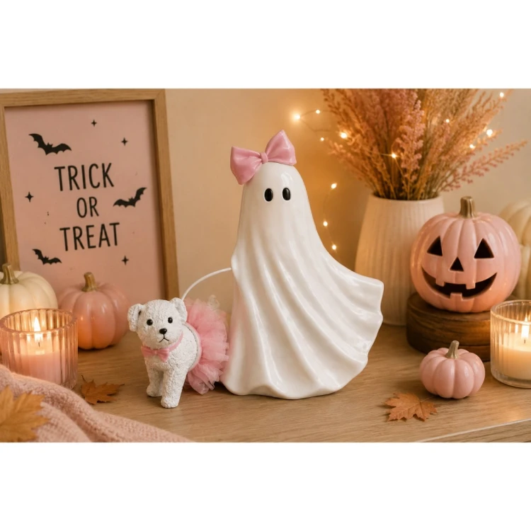 Duszek ceramiczny z pieskiem i różową kokardką – dekoracja na Halloween