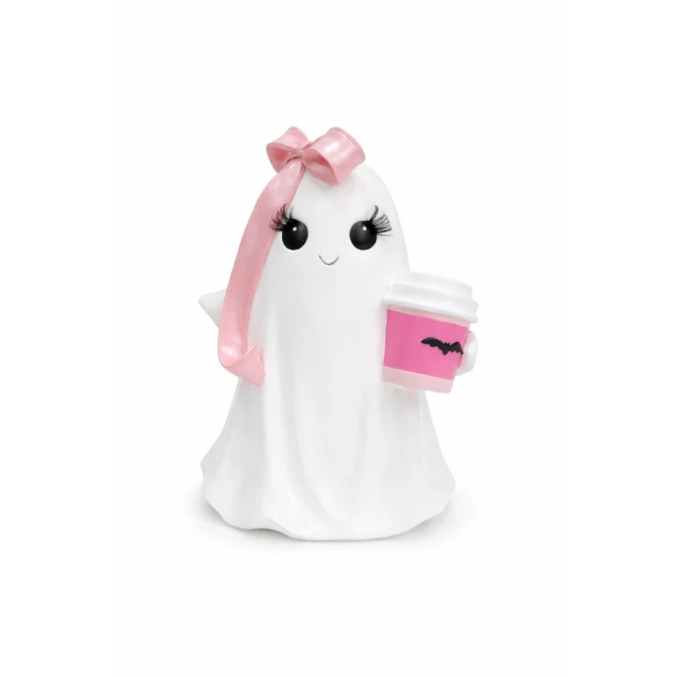 Duszek ceramiczny z kawą i różową kokardką – urocza dekoracja na Halloween